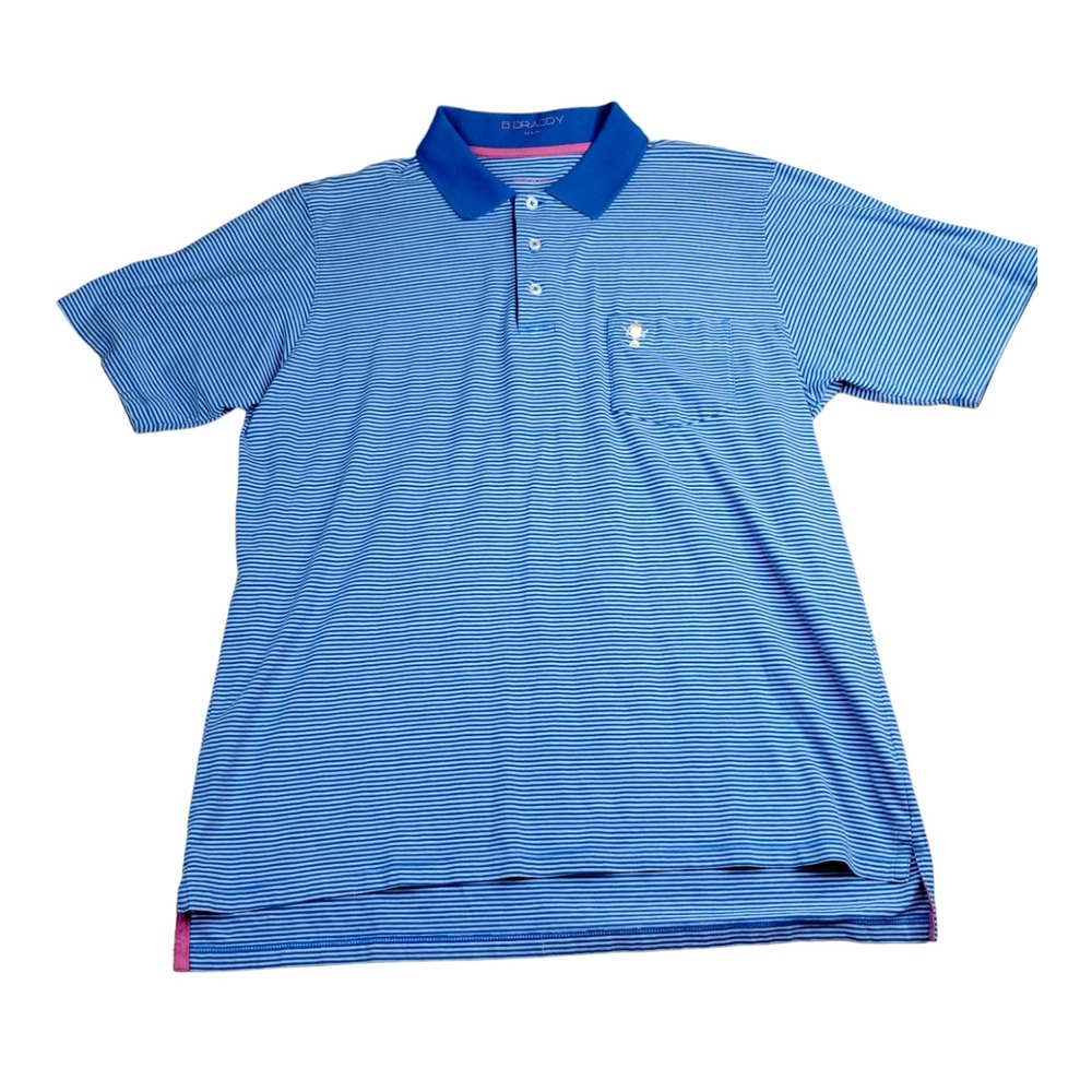 B. Draddy Men's Med Polo Golf Blue White Pink‎ Stripe Shirt Cotton Short Sleeve